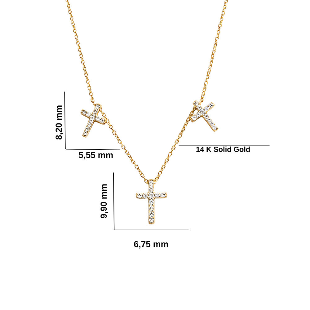 14K Gold Triple Cross Necklace / Diamond Cross Necklace