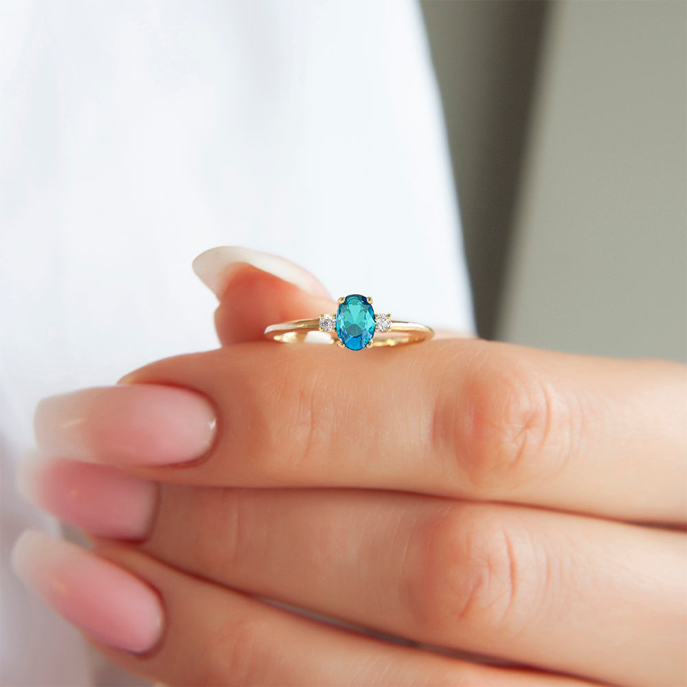 14K Gold Diamond Ring / Three Stone Aquamarine Ring