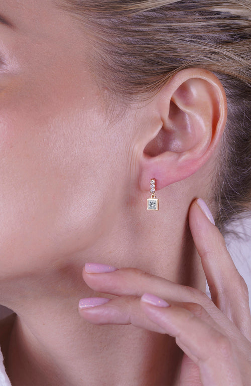 14K Gold White Sapphire Square Earrings