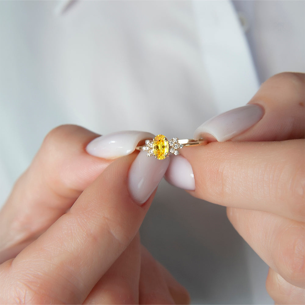 14K Gold Diamond Oval Citrine Ring