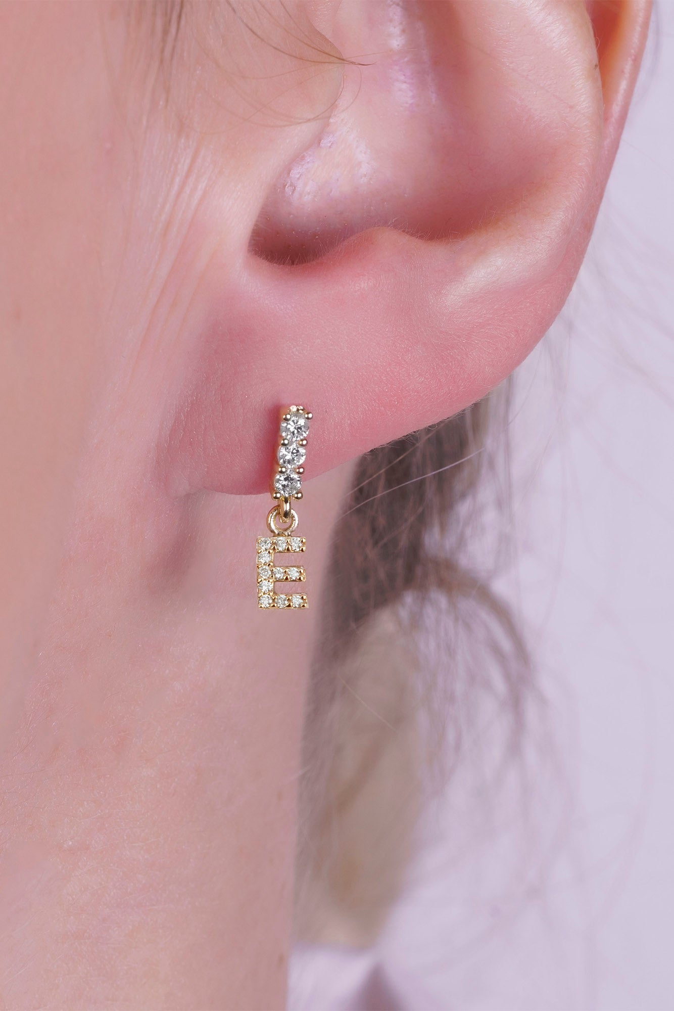 14K Gold Diamond Letter E Earring