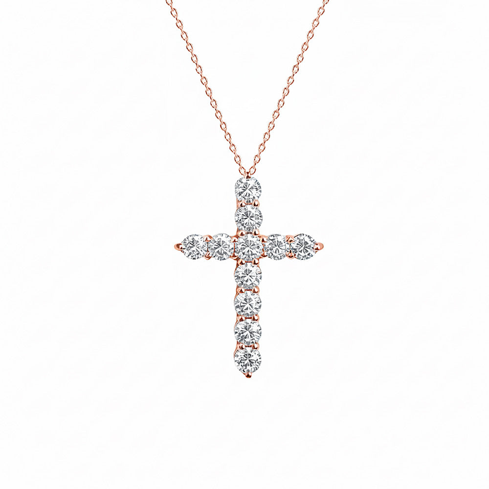 14K Gold Diamond Cross Necklace / Round Diamond Cross Pendant