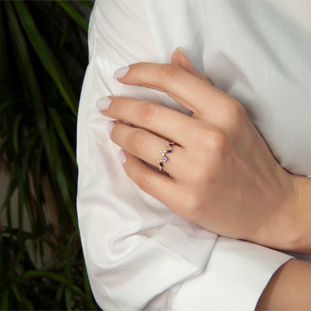 14K Gold Amethyst Crown Ring, Diamond Chevron Ring