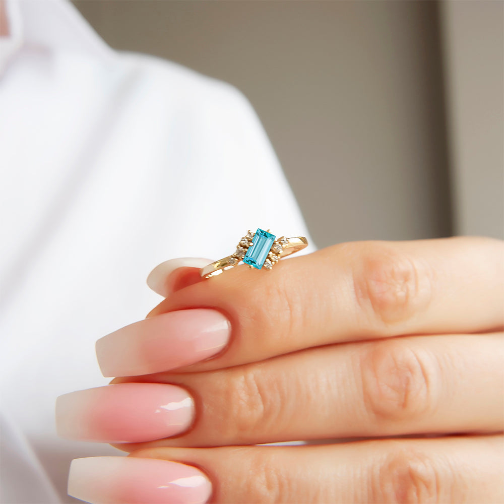 14K Gold Aquamarine Diamond Ring / Geometric Blue Gemstone