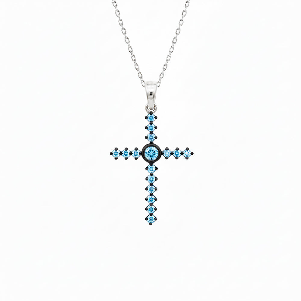 14K Gold Aquamarine Cross Necklace / Round Center Cross Pendant
