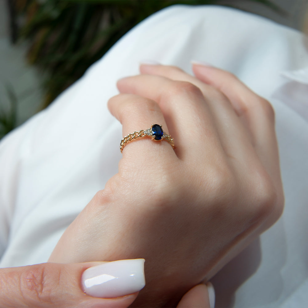 14K Solid Gold Diamond Sapphire Curb Chain Ring