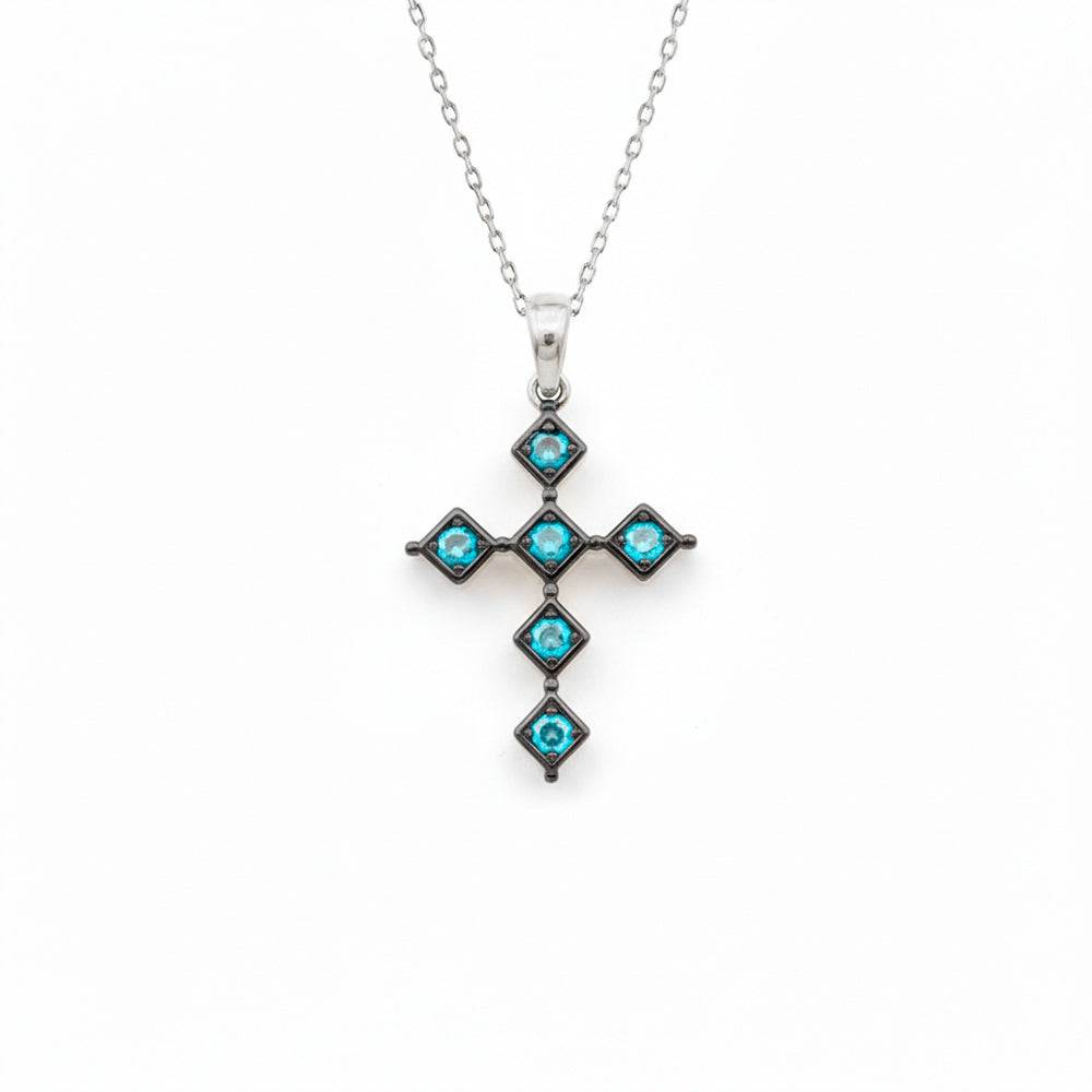 14K Gold Aquamarine Cross Necklace / Bezel Aquamarine Cross