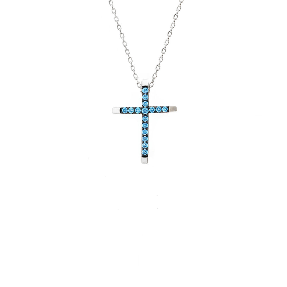 14K Gold Religious Pendant / Aquamarine Cross Necklace