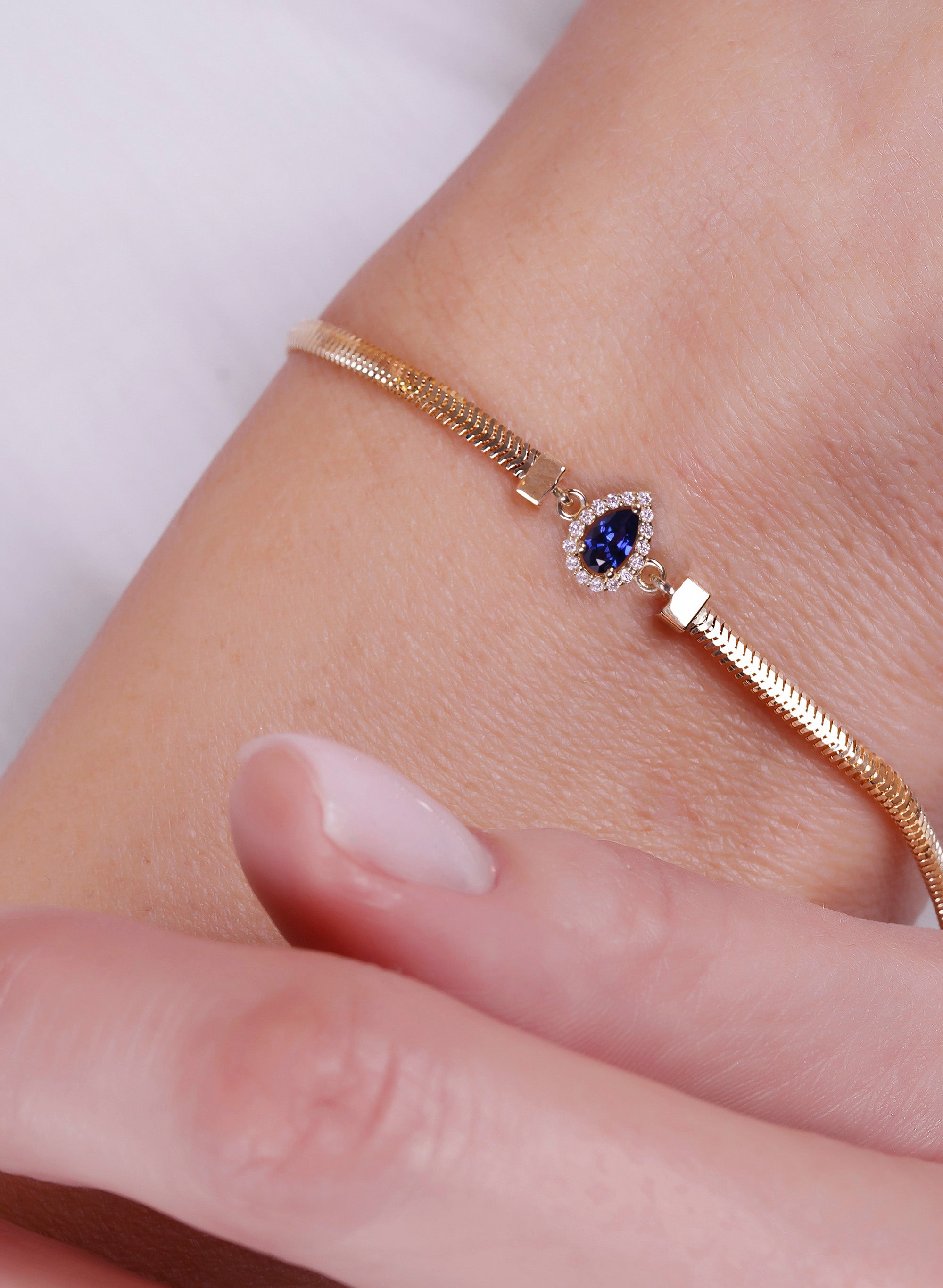 14K Gold Pear Sapphire Bracelet / Anniversary Gift