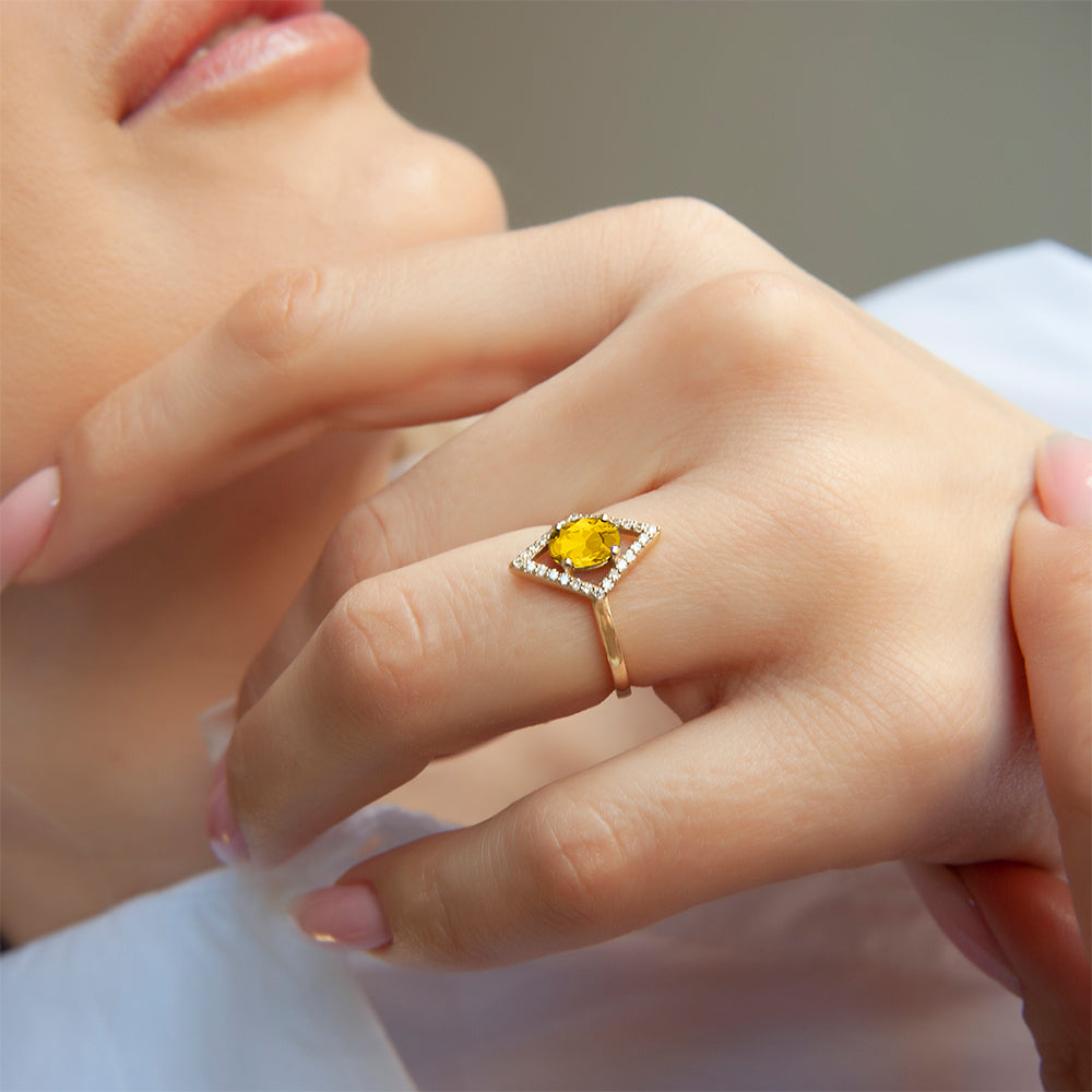 Kite Halo Citrine Ring / 14K Gold Yellow Gemstone Ring