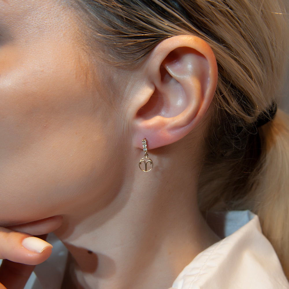 14K Gold Diamond Aries Earrings, Birthday Gift