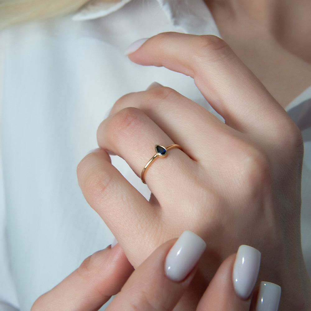 14K Solid Gold Pear Cut Solitaire Sapphire Ring