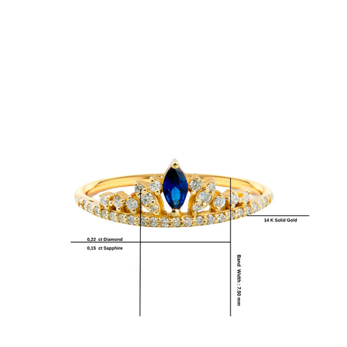 14K Gold Diamond Sapphire Crown Ring