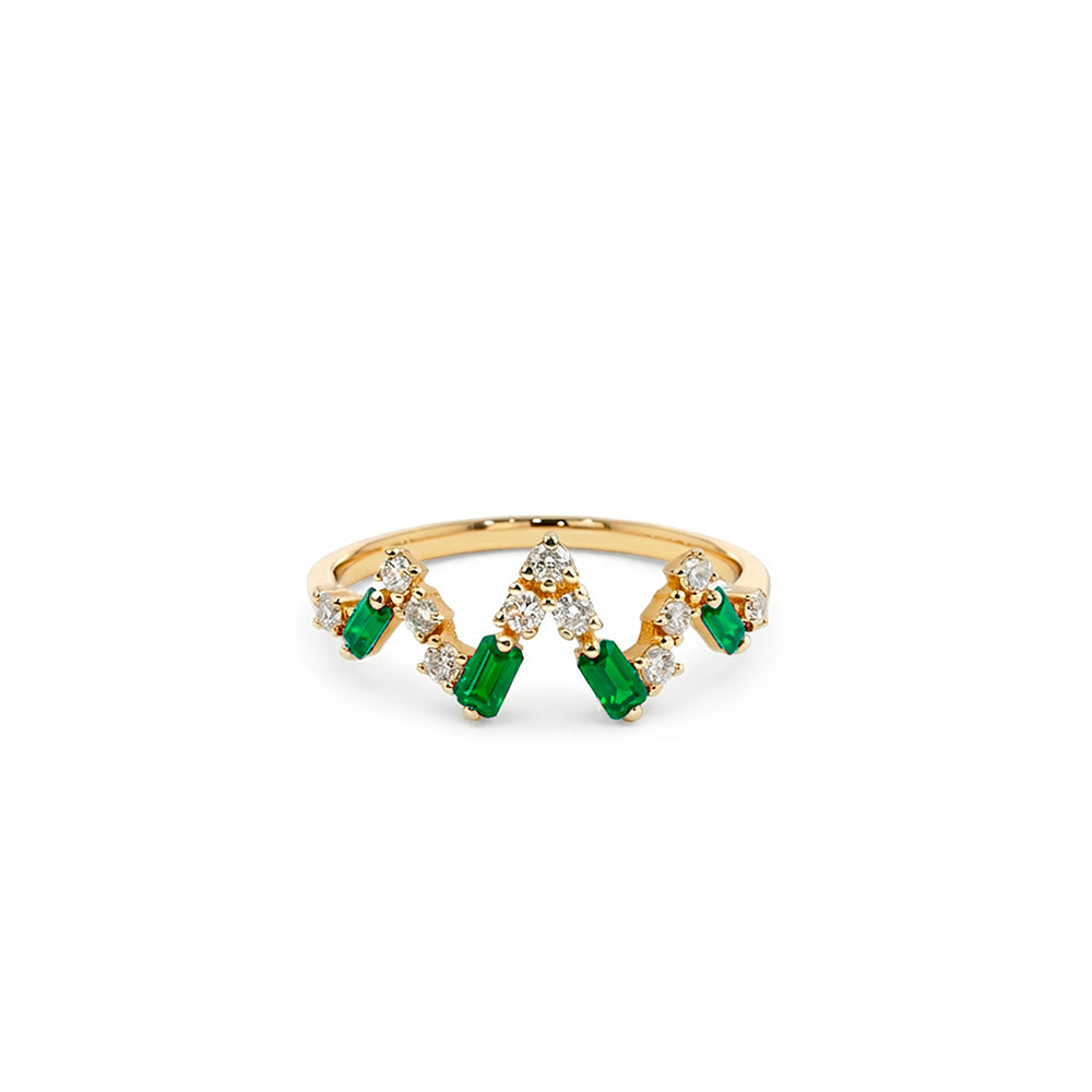 Gold Diamond Emerald Color V Shape Ring, 14K Solid Gold Emerald Ring