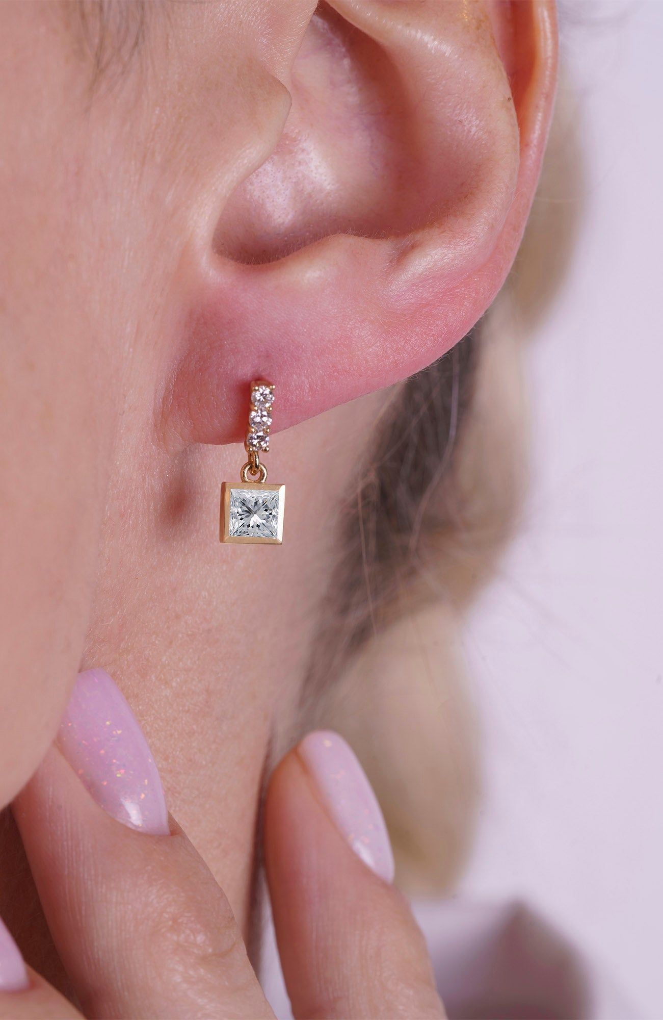 14K Gold White Sapphire Square Earrings
