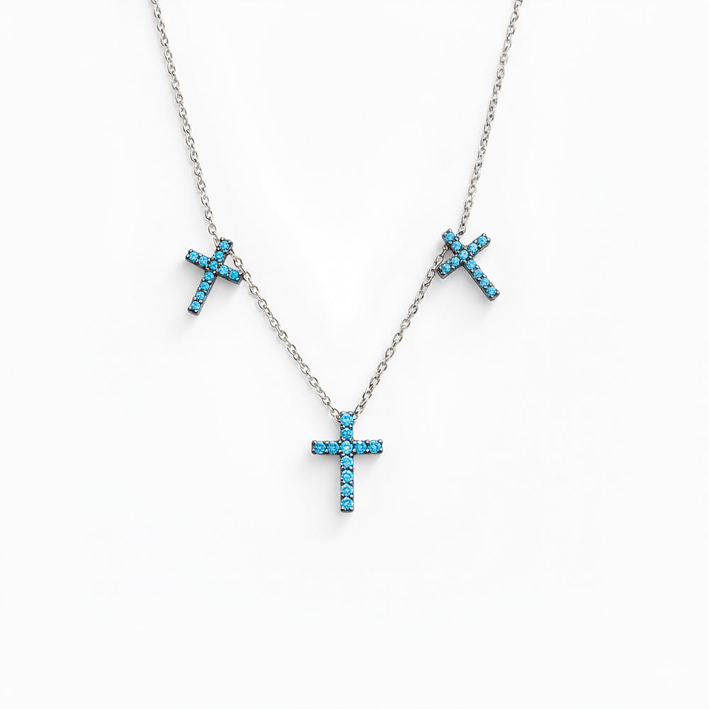 14K Gold Aquamarine Triple Cross Necklace / Layered Faith Necklace