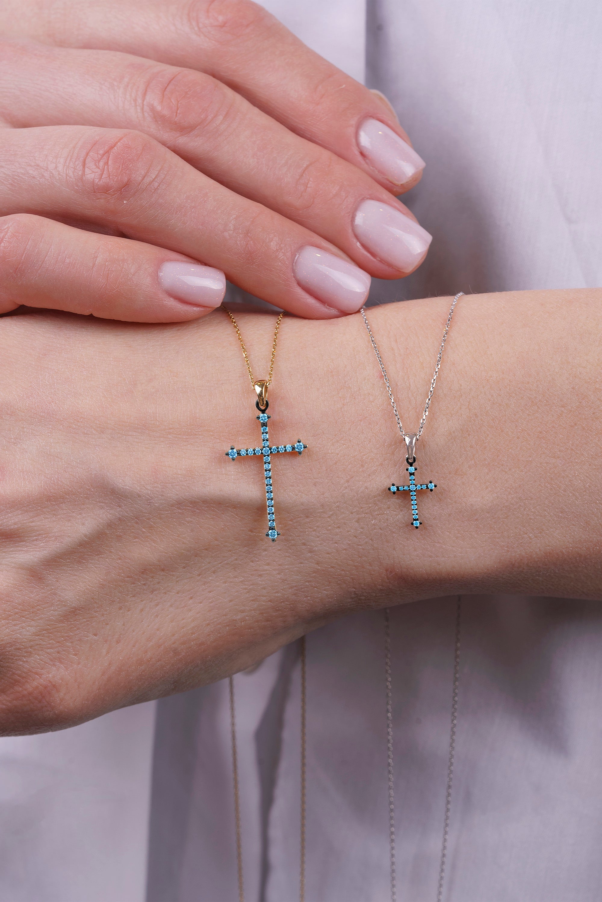 14K Gold Christian Cross Necklace / Aquamarine Birthstone Pendant