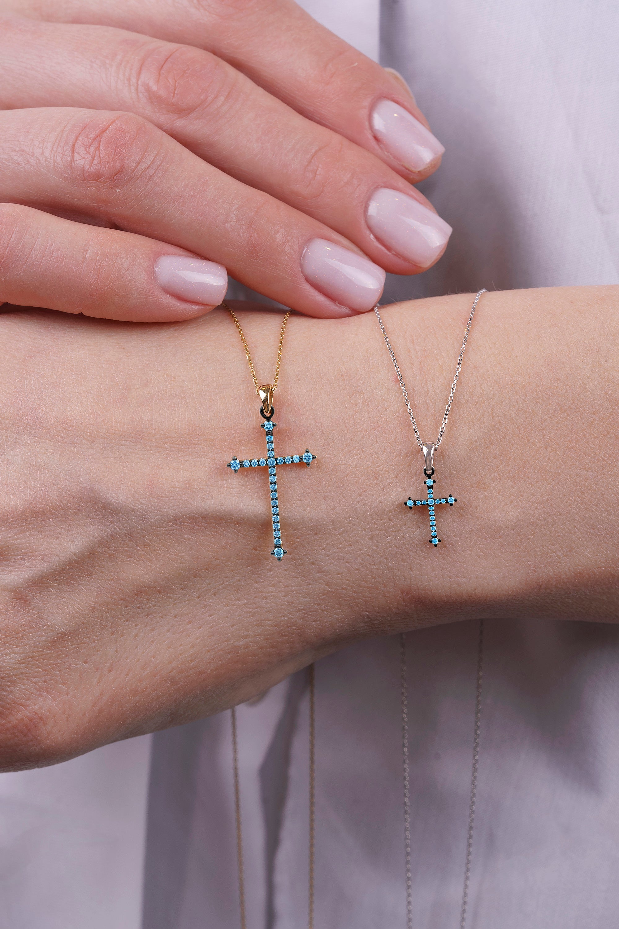 14K Gold Aquamarine Cross Necklace / Christian Necklace