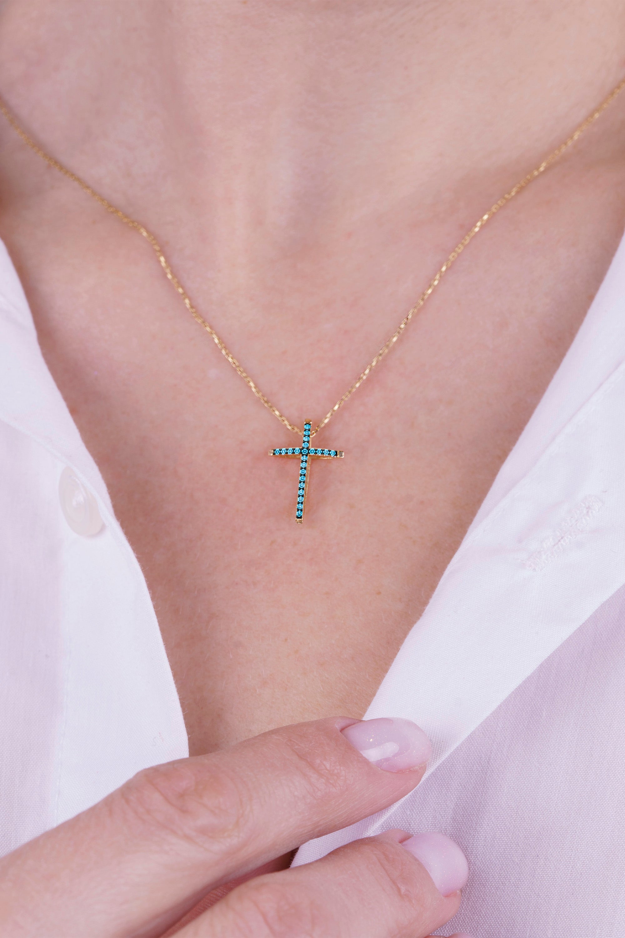 Modern Aquamarine Cross Necklace / Everyday Religious Jewelry