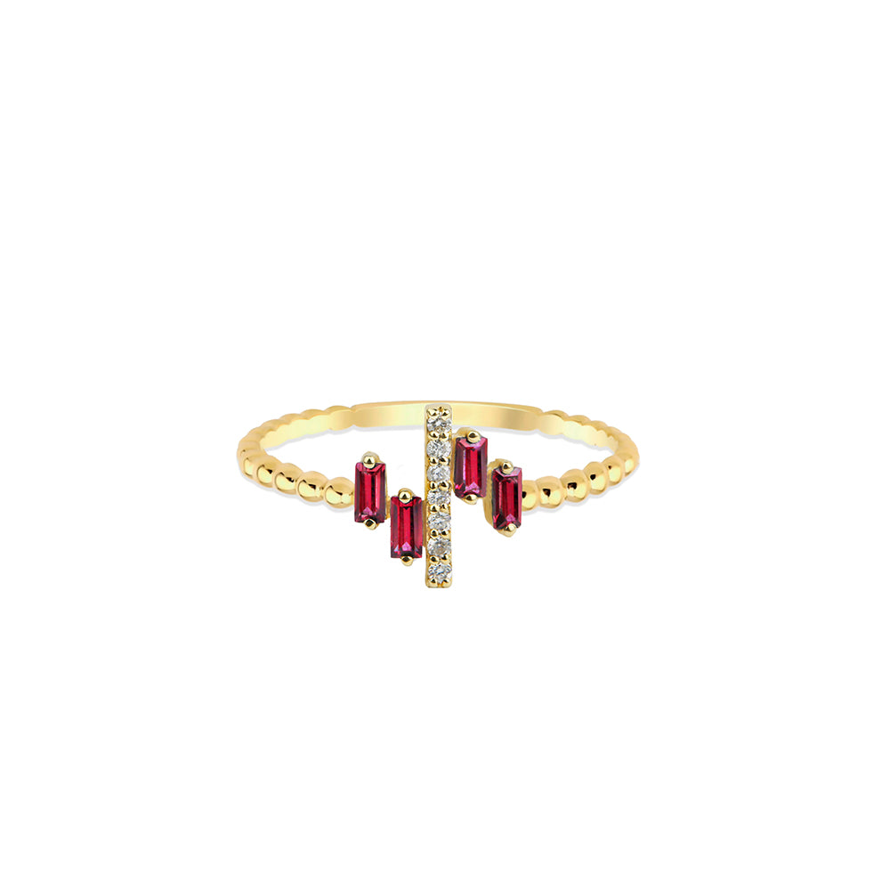 14K Gold Baguette Ruby Band / Ruby Diamond Bar Ring