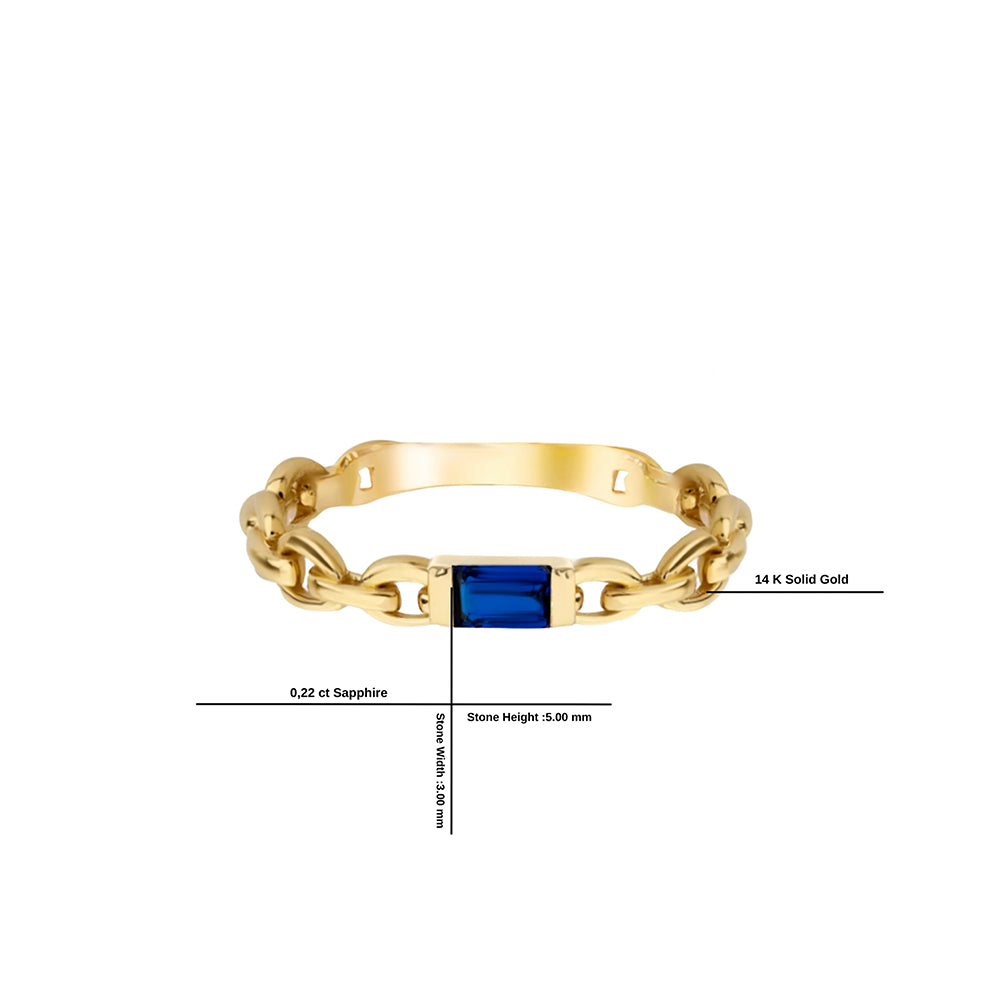 14K Gold Baguette Cut Diamond Sapphire Curb Chain Ring