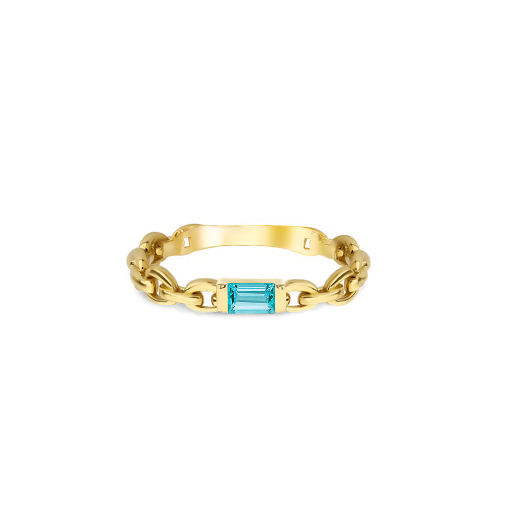 14K Gold Aquamarine Chain Ring / Ocean Blue Stone Jewelry