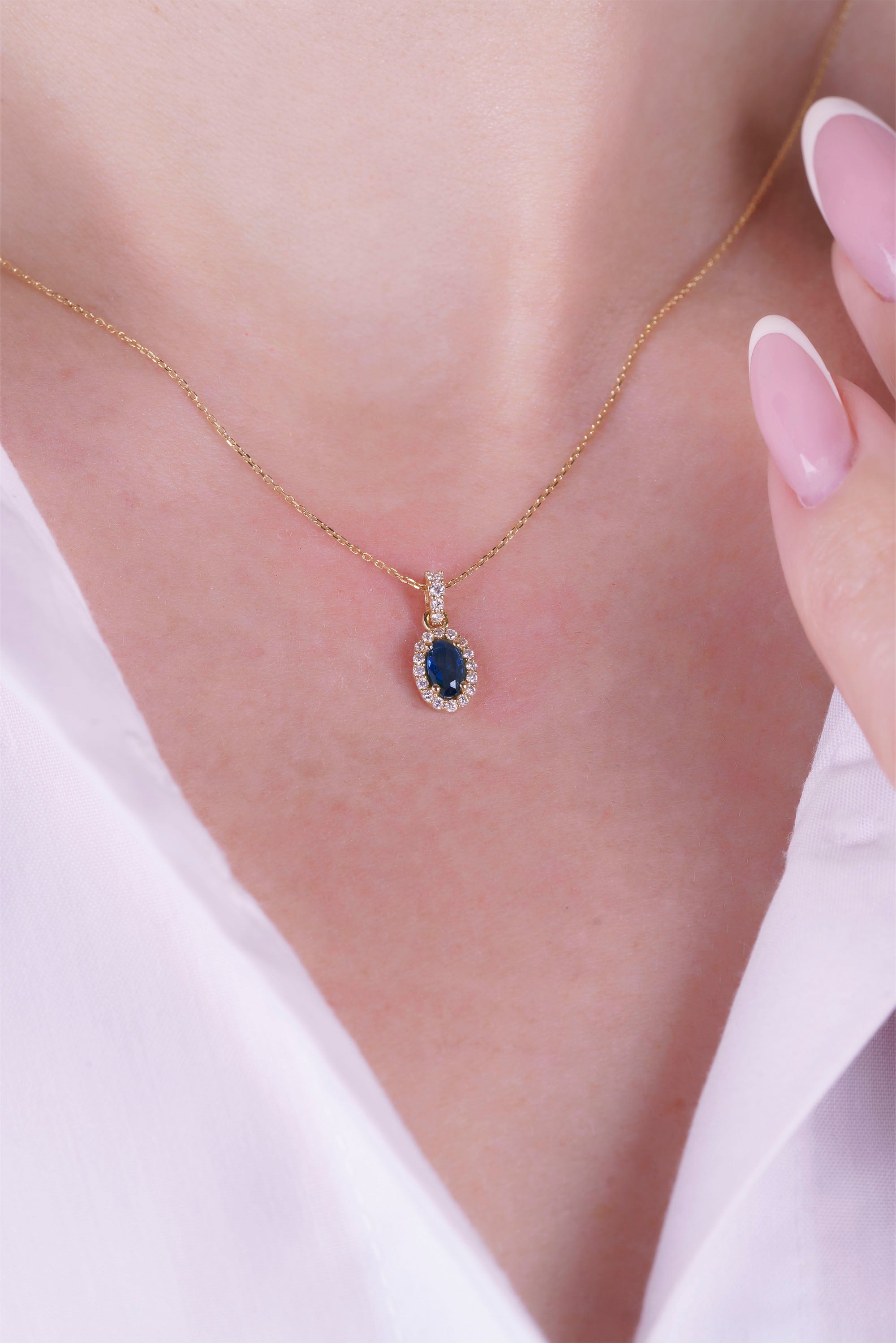 14K Gold Oval Sapphire Necklace, Bridal Necklace