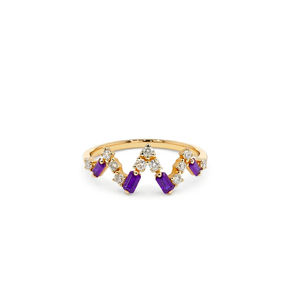 14K Gold Amethyst Crown Ring, Diamond Chevron Ring