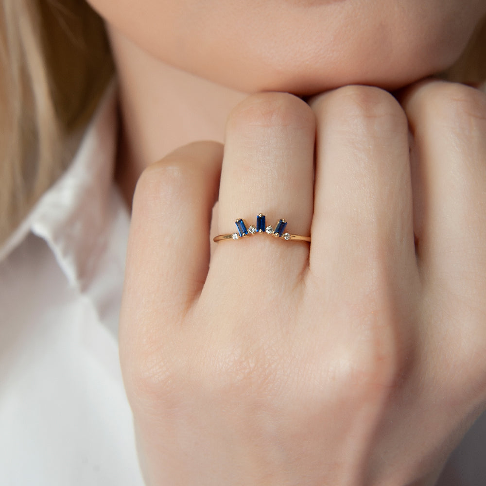 14K Solid Gold Baguette Diamond Sapphire Ring