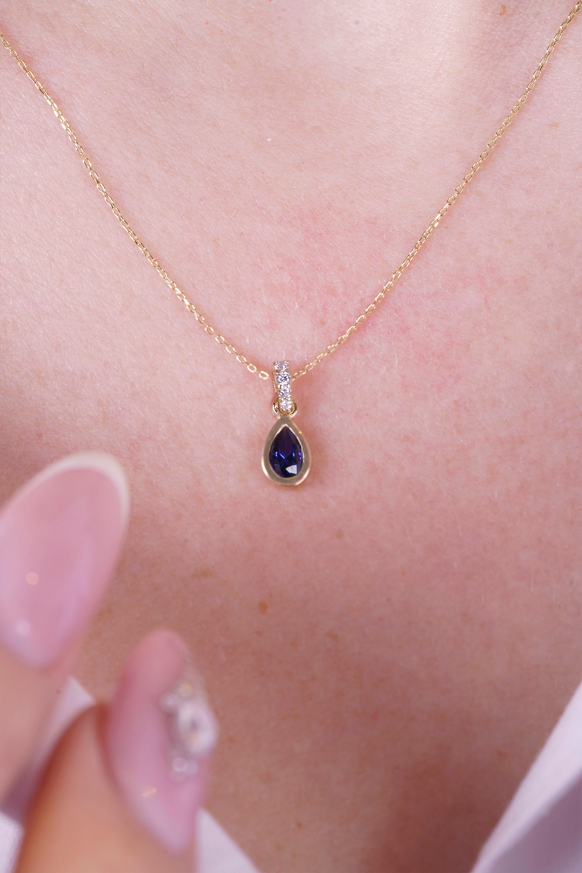 14K Gold Pear Drop Sapphire Necklace for Women