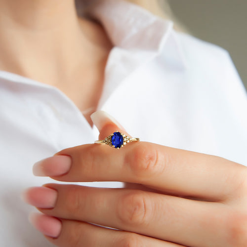 14K Solid Gold Oval Cut Natural Diamond Sapphire Ring