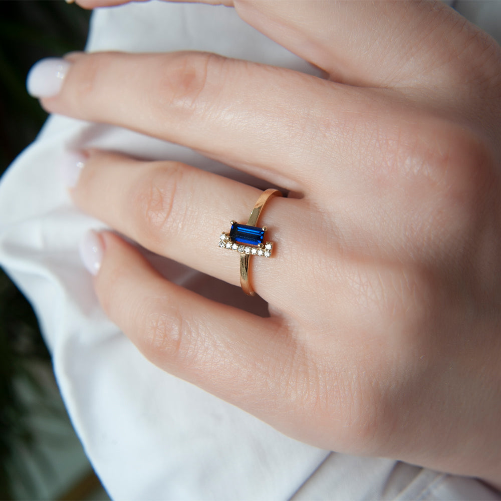 14K Solid Gold Baguette Diamond Sapphire Ring