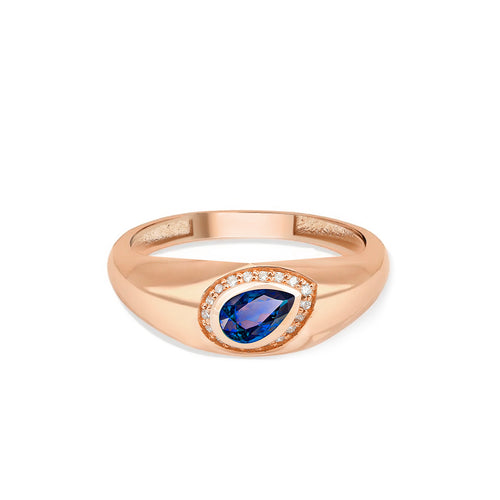 14K Gold Blue Sapphire & Diamond Pear-Shaped Signet Ring