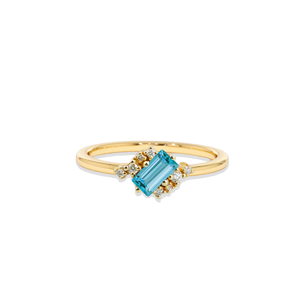 14K Gold Aquamarine Diamond Ring / Geometric Blue Gemstone