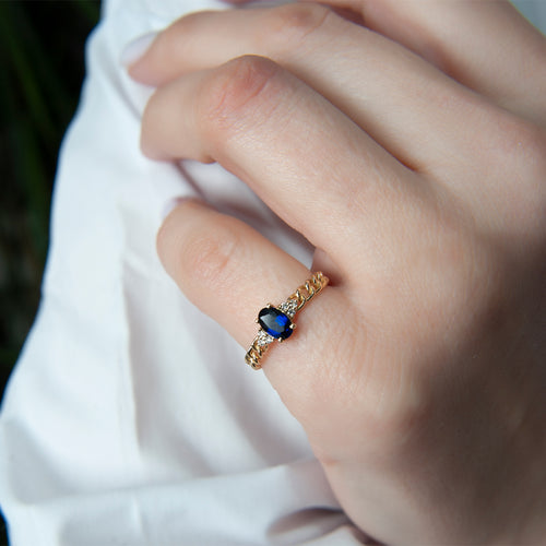 14K Solid Gold Diamond Sapphire Curb Chain Ring