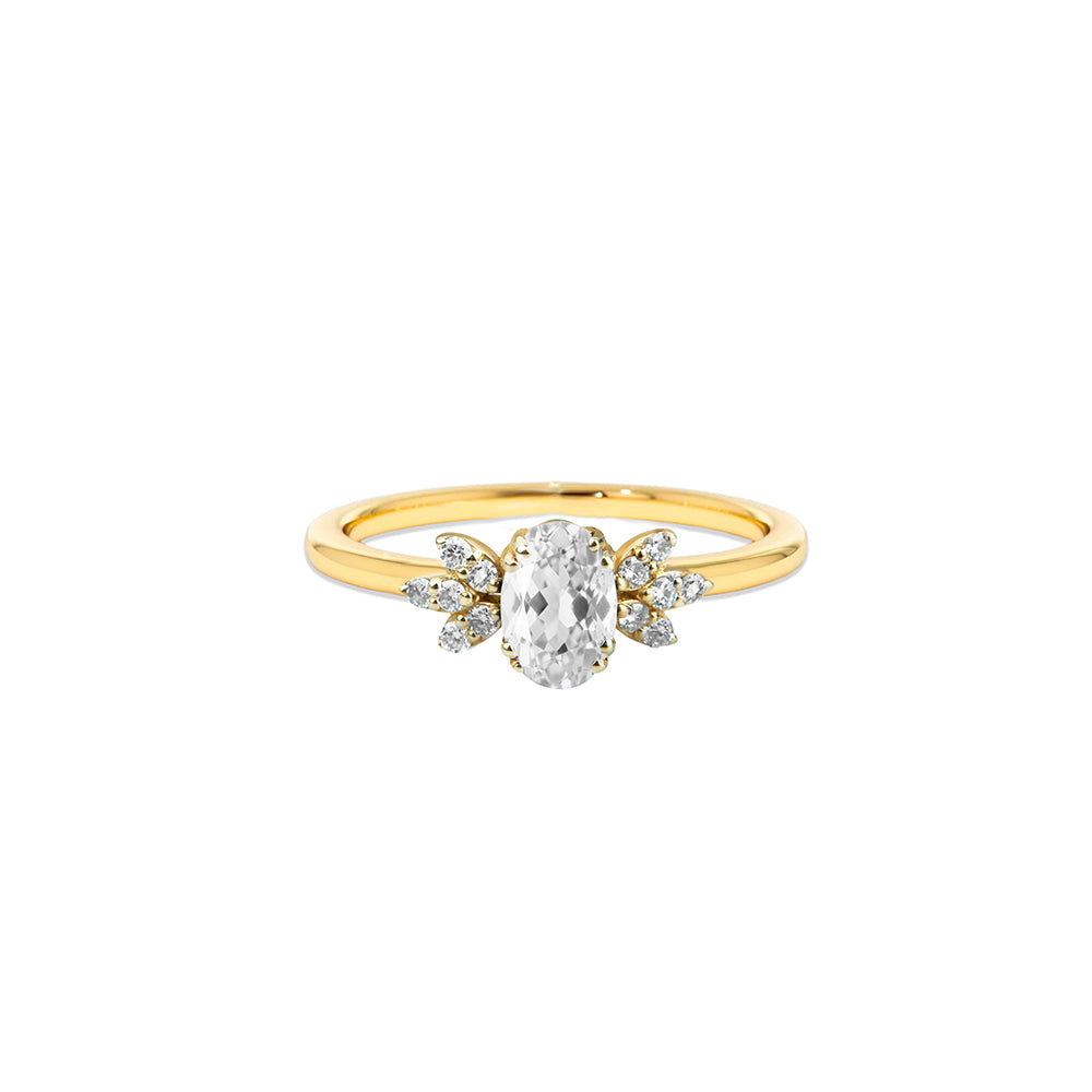 14K Gold White Sapphire Ring / Diamond Leaf Accents