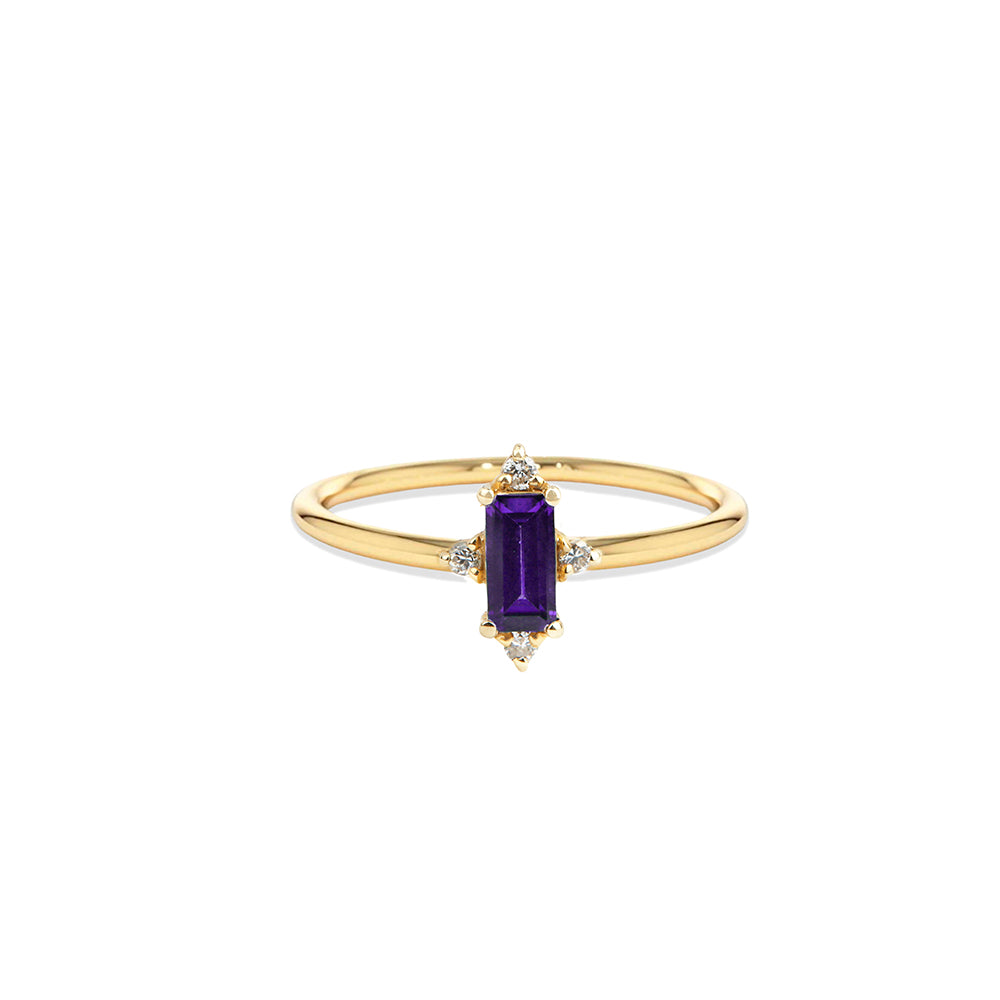 14K Gold Amethyst Baguette Ring / Diamond Amethyst Ring