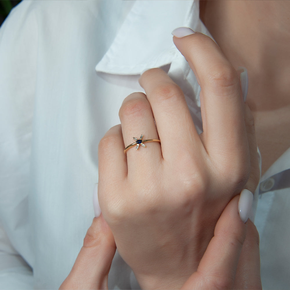 14K Solid Gold Diamond Sapphire Ring