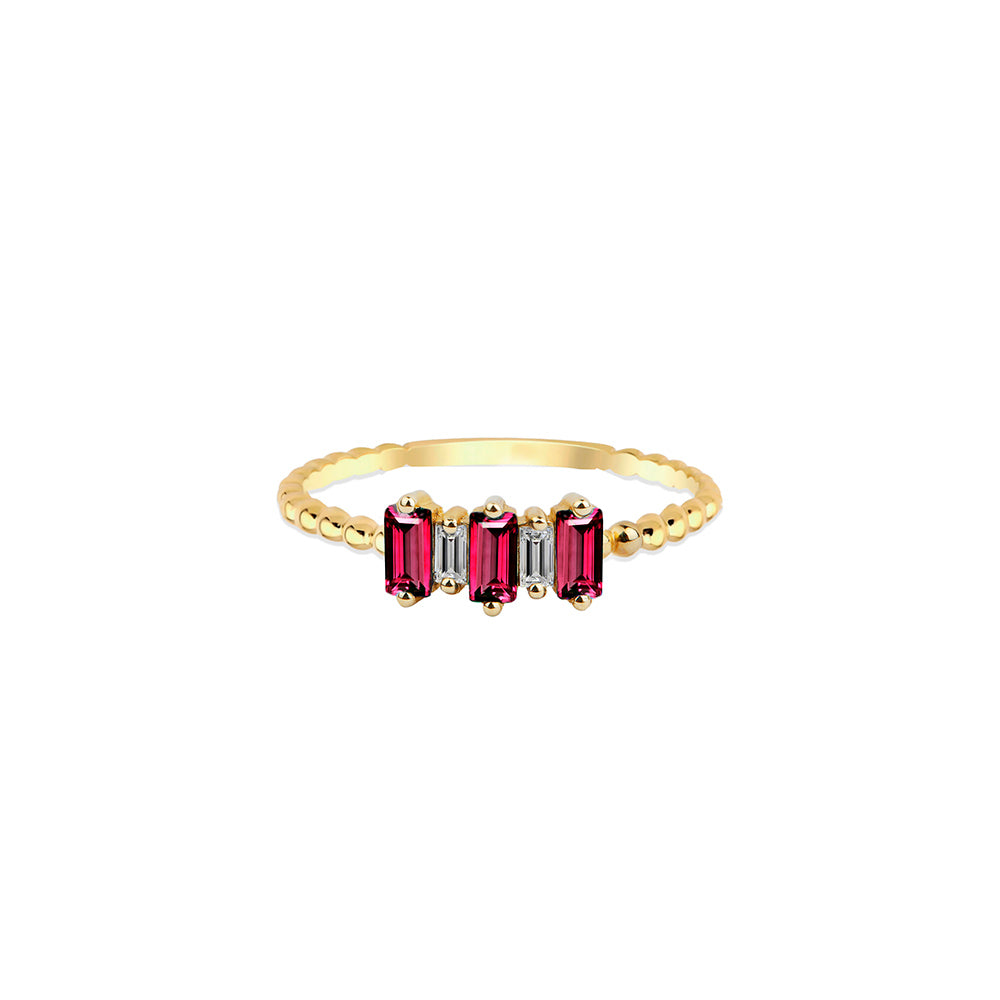 14K Gold Diamond Ruby Ring / Five Stone Baguette Setting