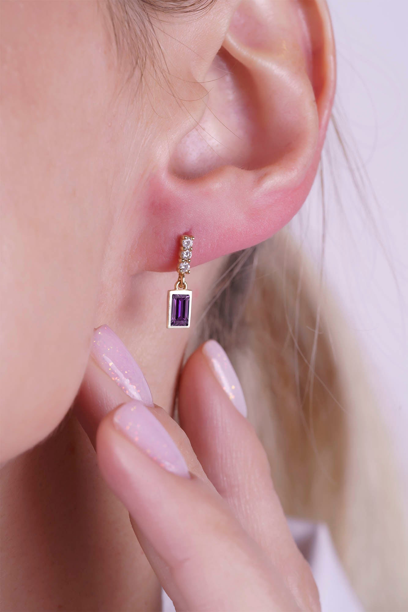 14K Gold Amethyst Baguette Earrings