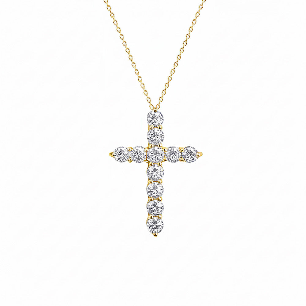 14K Gold Diamond Cross Necklace / Round Diamond Cross Pendant