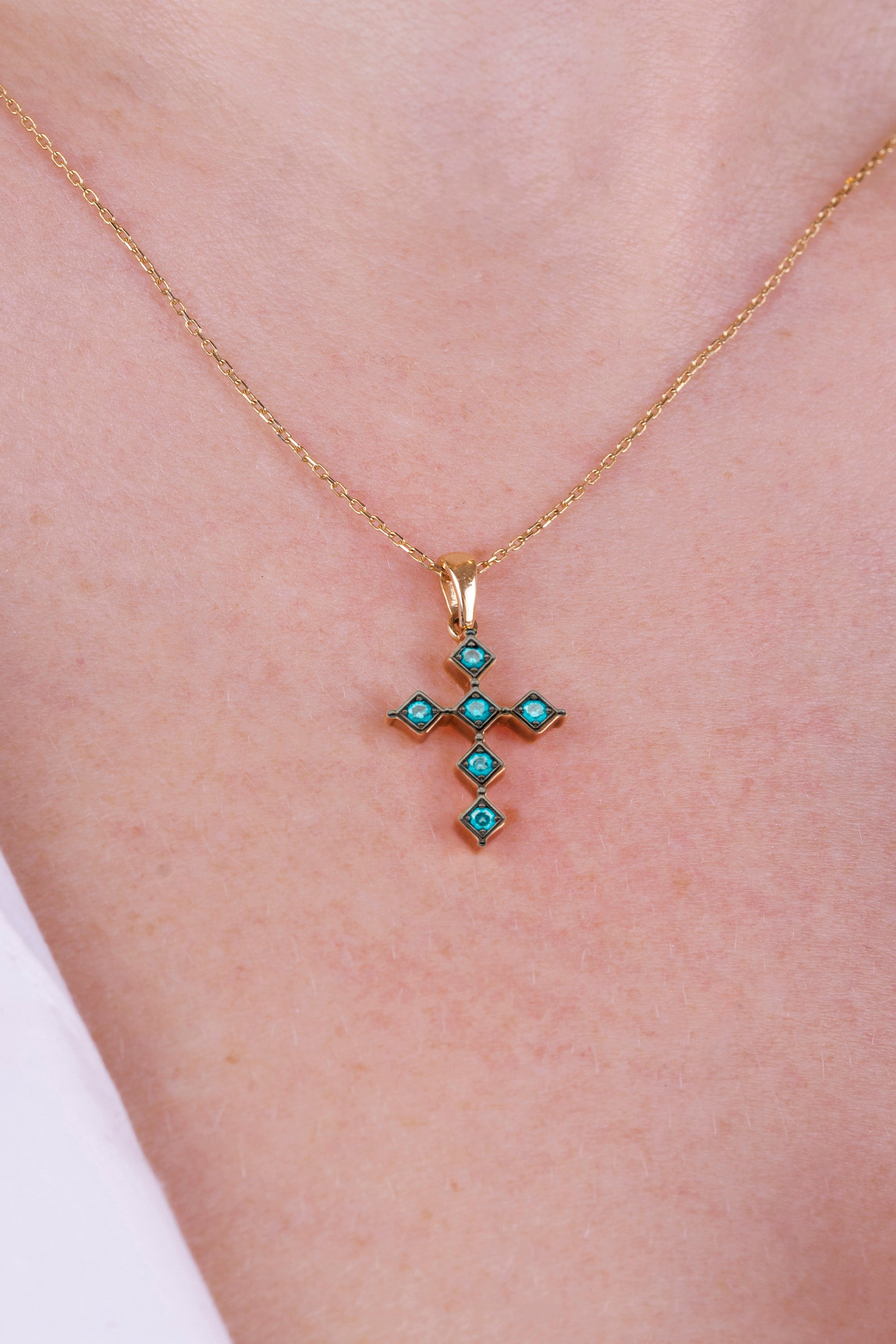 14K Gold Aquamarine Cross Necklace / Bezel Aquamarine Cross