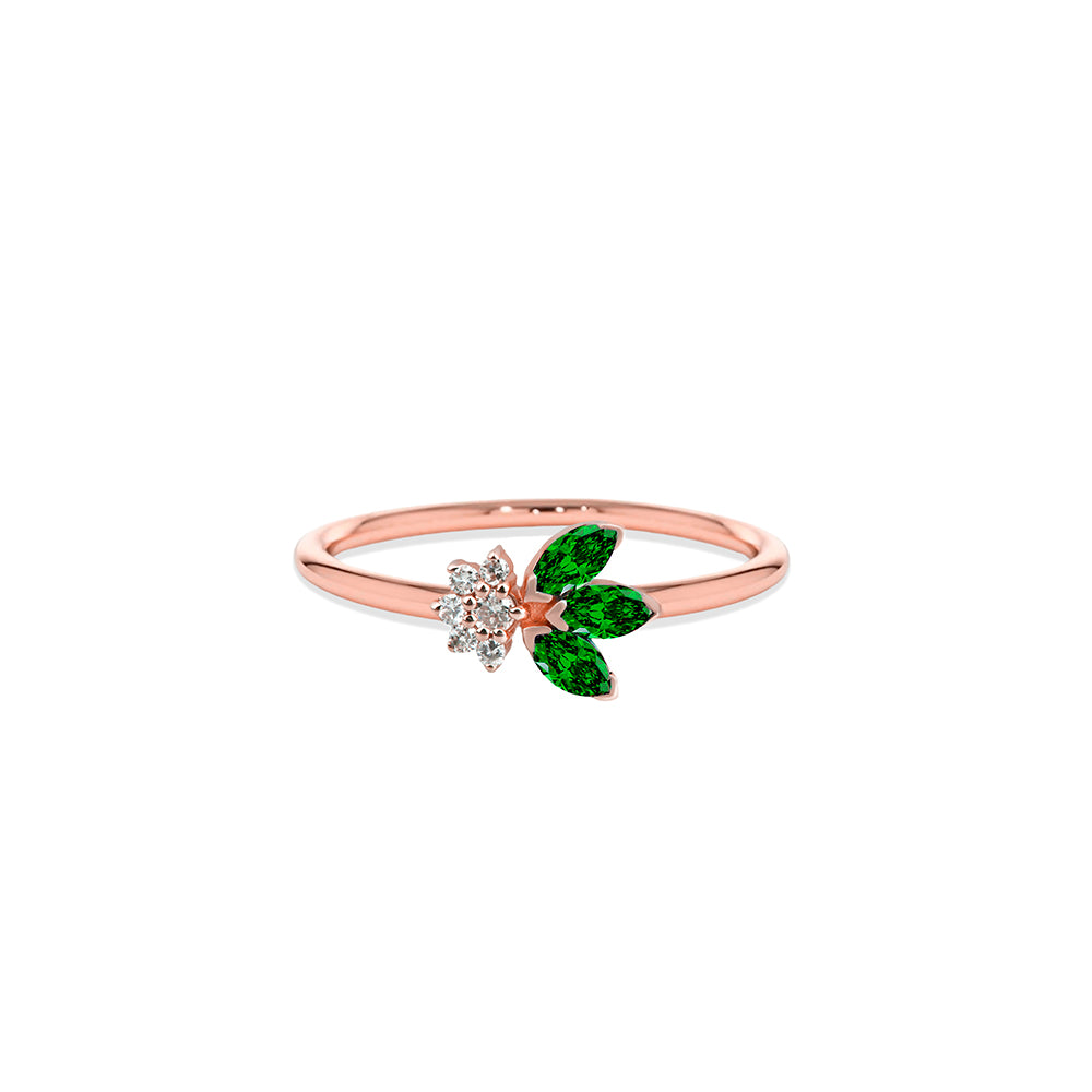 14K Gold Emerald Leaf Ring / Diamond Wedding Ring