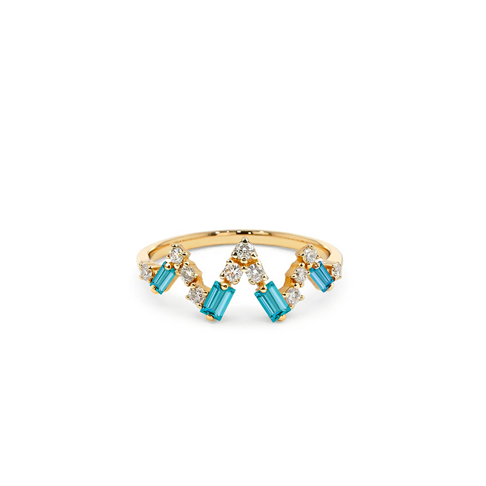 14K Gold Aquamarine Crown Ring, Diamond Chevron Ring