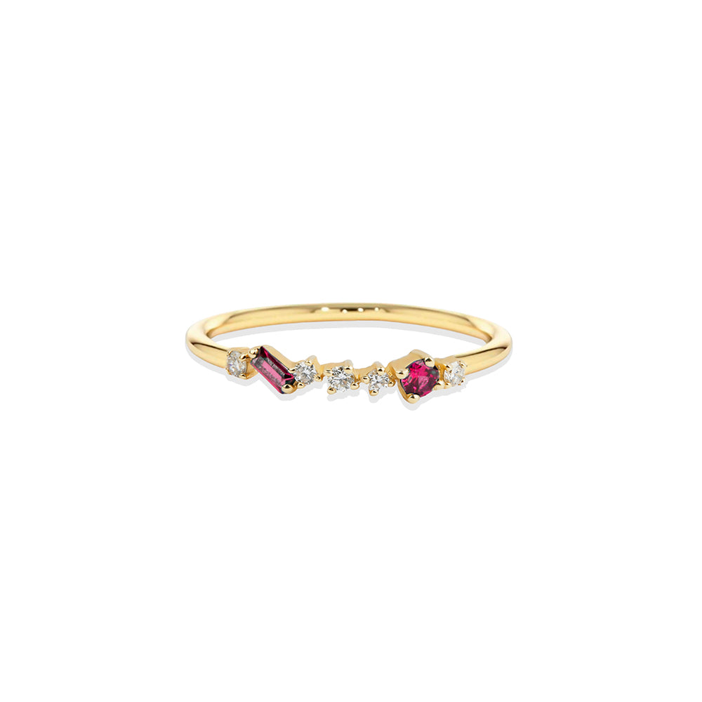 14K Gold Ruby Baguette Ring / Diamond Accent Cluster