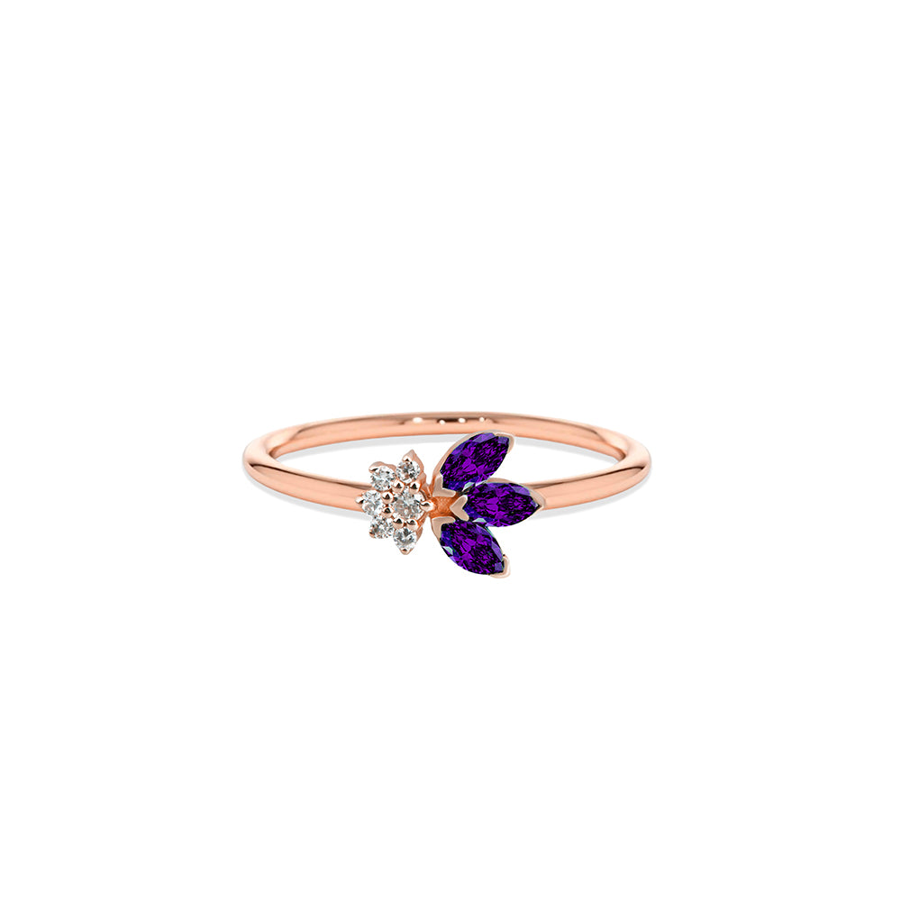 14K Gold Amethyst Diamond Leaf Ring / Amethyst Botanical Branch