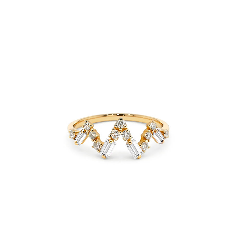 14K Gold White Sapphire Crown Ring, Diamond Chevron Ring