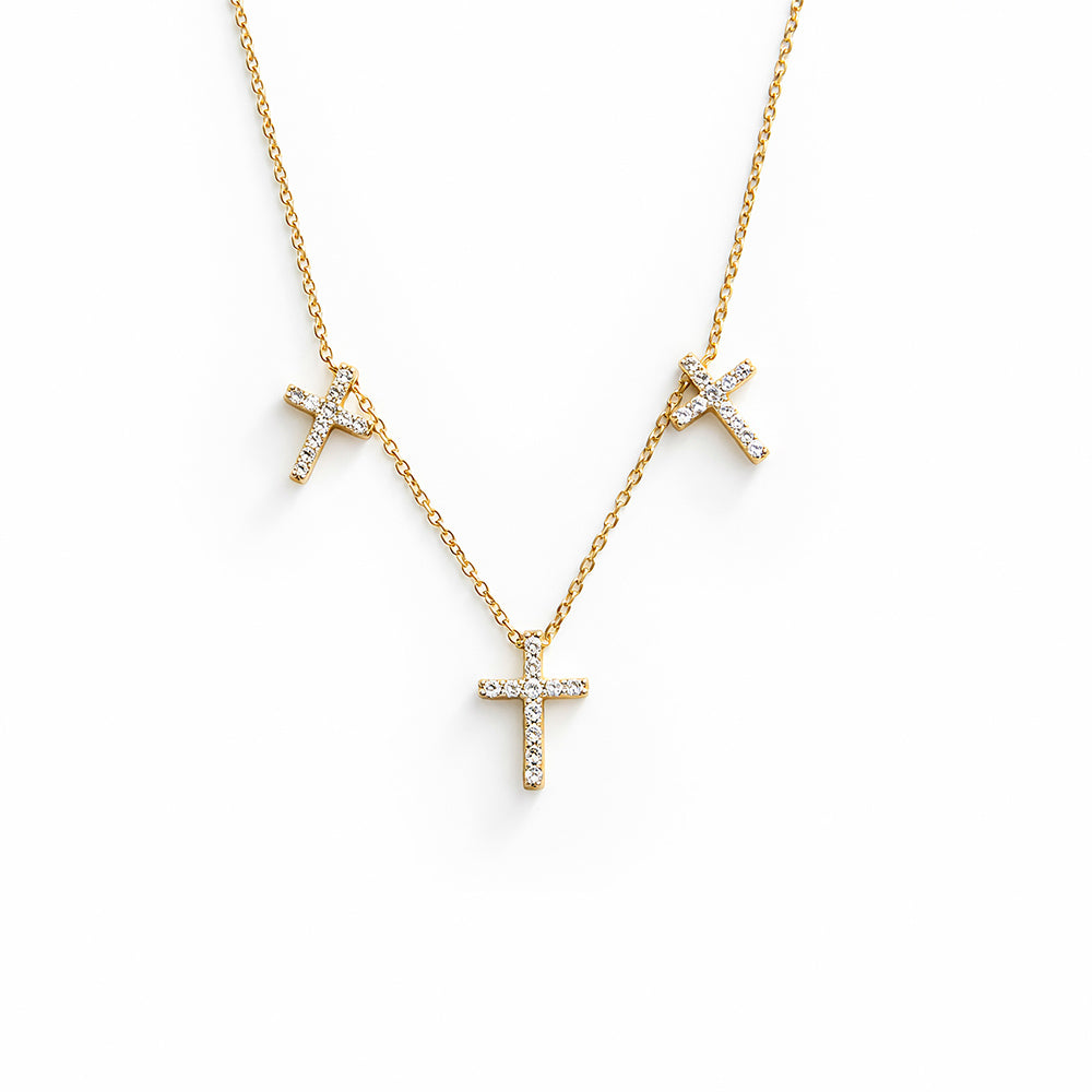 14K Gold Triple Cross Necklace / Diamond Cross Necklace