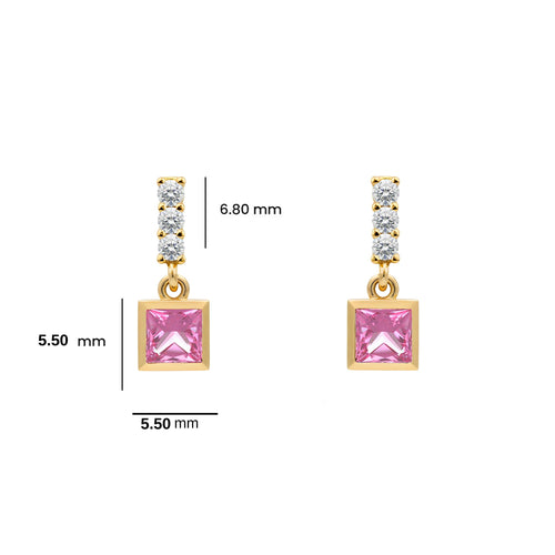 14K Gold Pink Sapphire Square Earrings