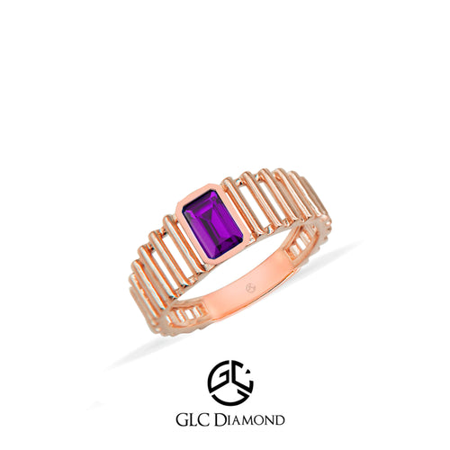 14K Gold Amethyst Ring Rectangular Purple Gemstone and Unique Band Design